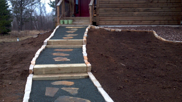 Flagstone and Timber Steps with Trap Rock